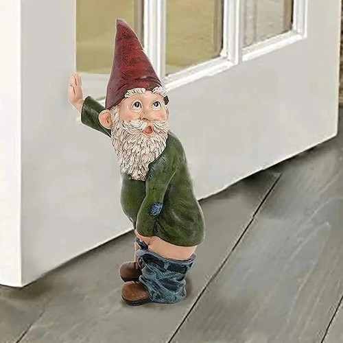 Urinating dwarf garden statue - urinating,